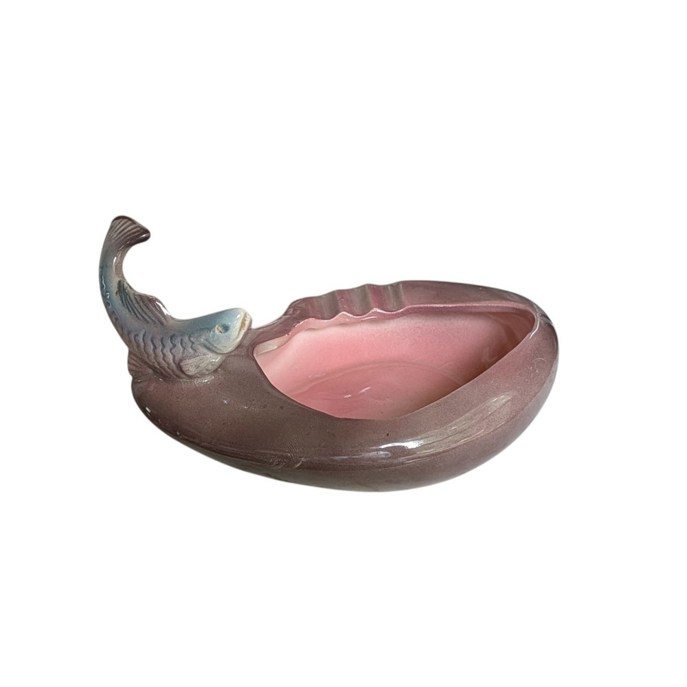 Vintage USA Pottery Fish Trout Ashtray Ceramic Mauve Pink Mid Century 50's MCM